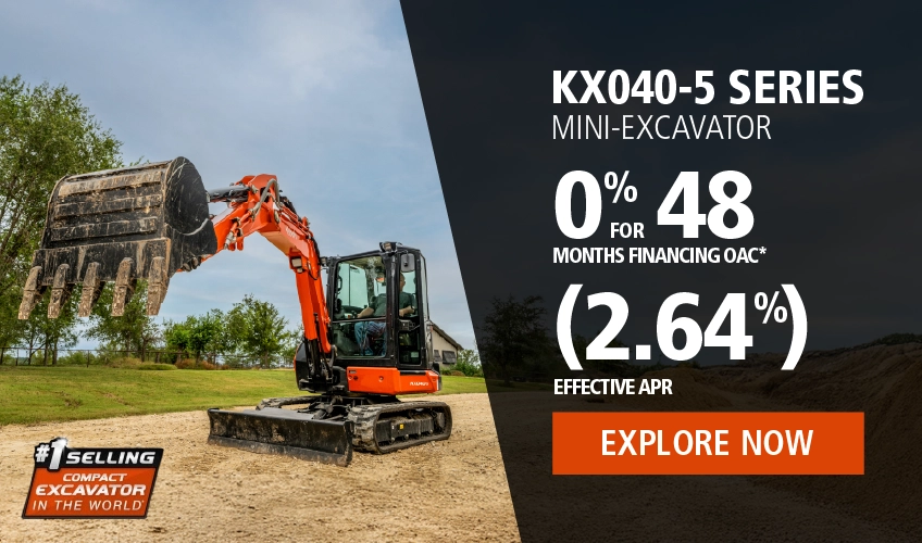 KX040-5 Series Mini-Excavator; 0% for 48 months financing OAC* (2.64%) Effective APR